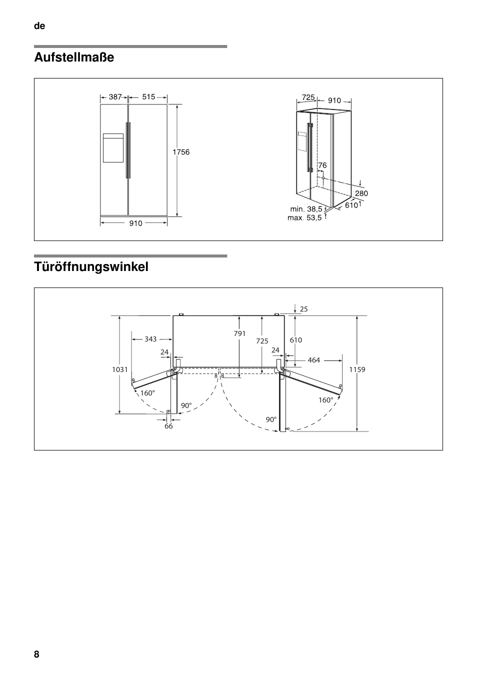Aufstellmaße, Türöffnungswinkel, Aufstellmaße türöffnungswinkel | Neff K5920D1 User Manual | Page 8 / 129