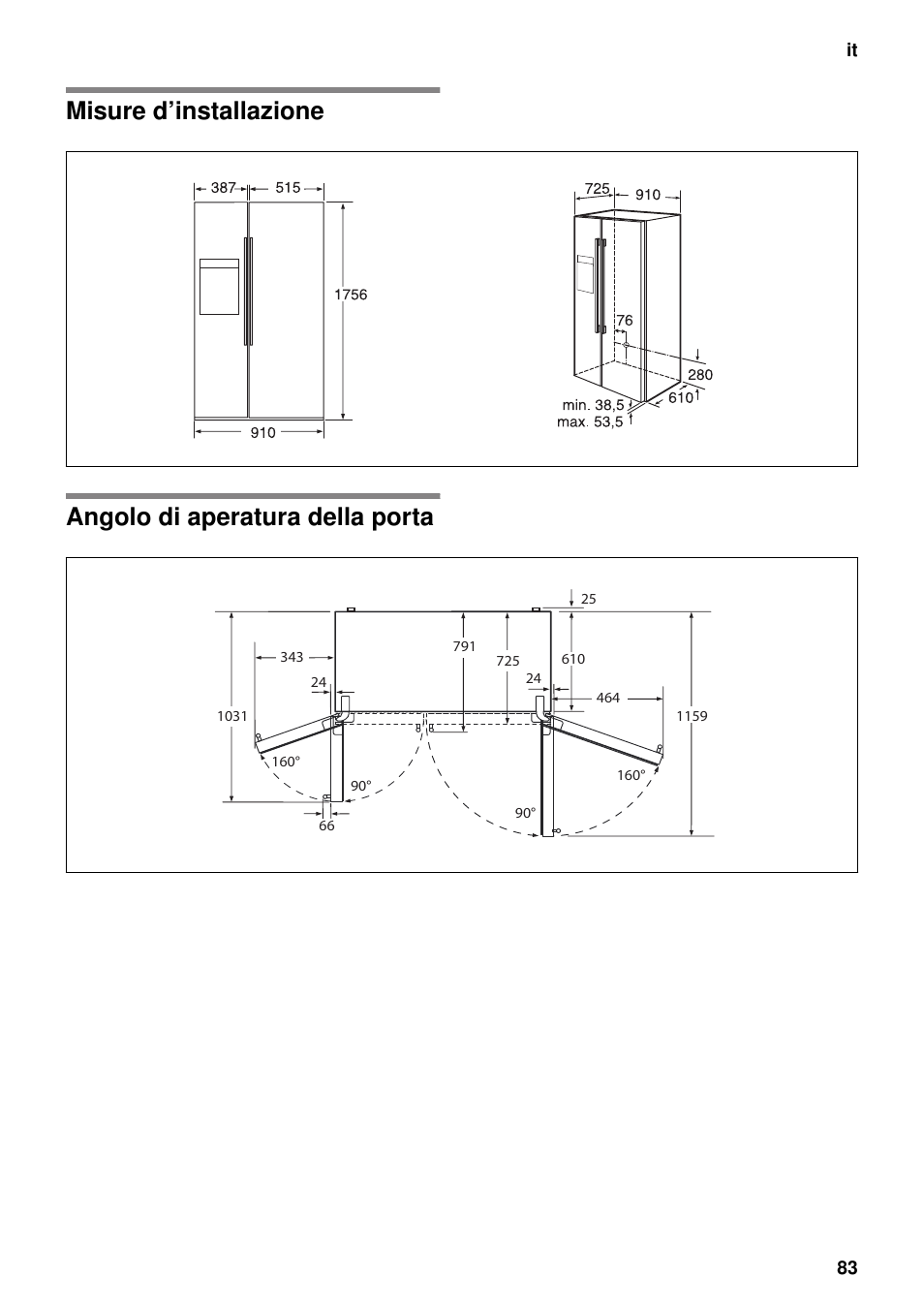 Misure d’installazione, Angolo di aperatura della porta | Neff K5920D1 User Manual | Page 83 / 129