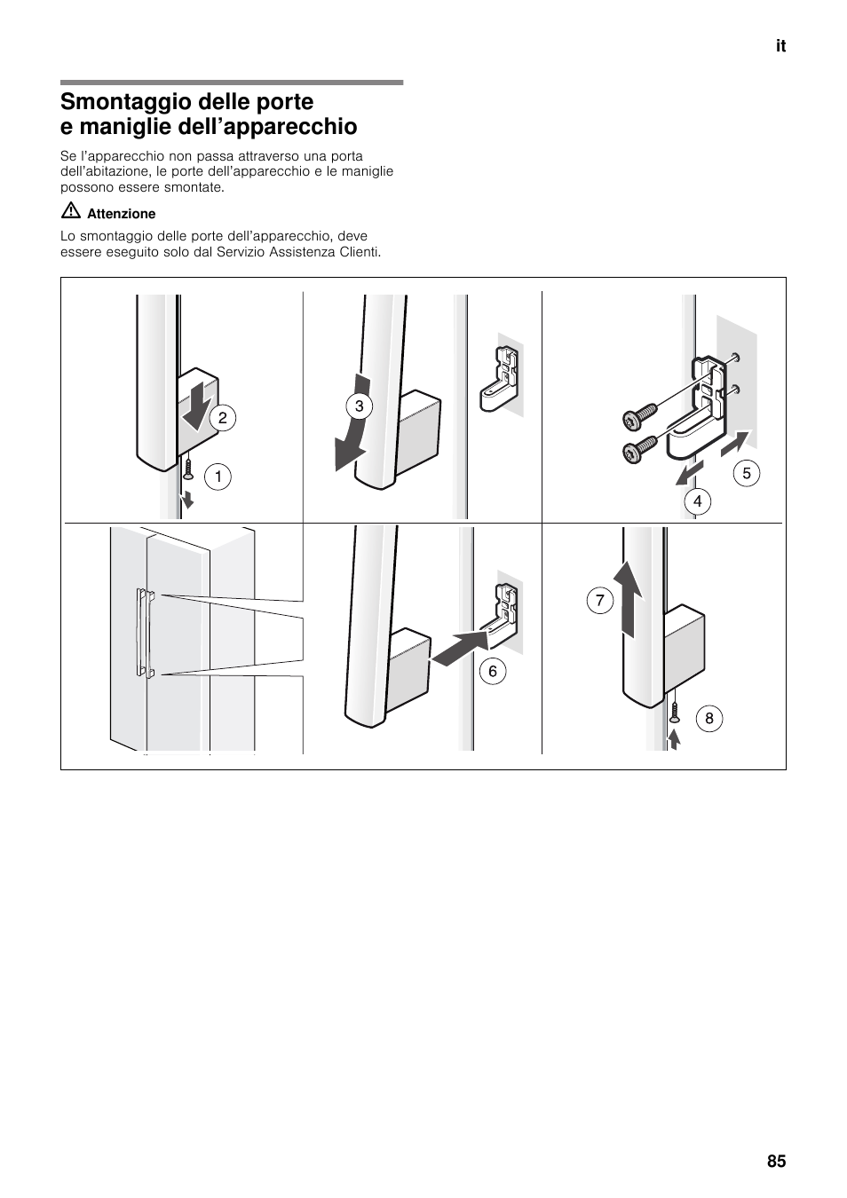 Smontaggio delle porte e maniglie dell’apparecchio, Dell’apparecchio | Neff K5920D1 User Manual | Page 85 / 129