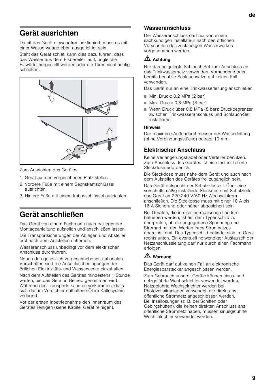 Gerät ausrichten, Gerät anschließen, Wasseranschluss | Elektrischer anschluss, Gerät ausrichten gerät anschließen | Neff K5920D1 User Manual | Page 9 / 129