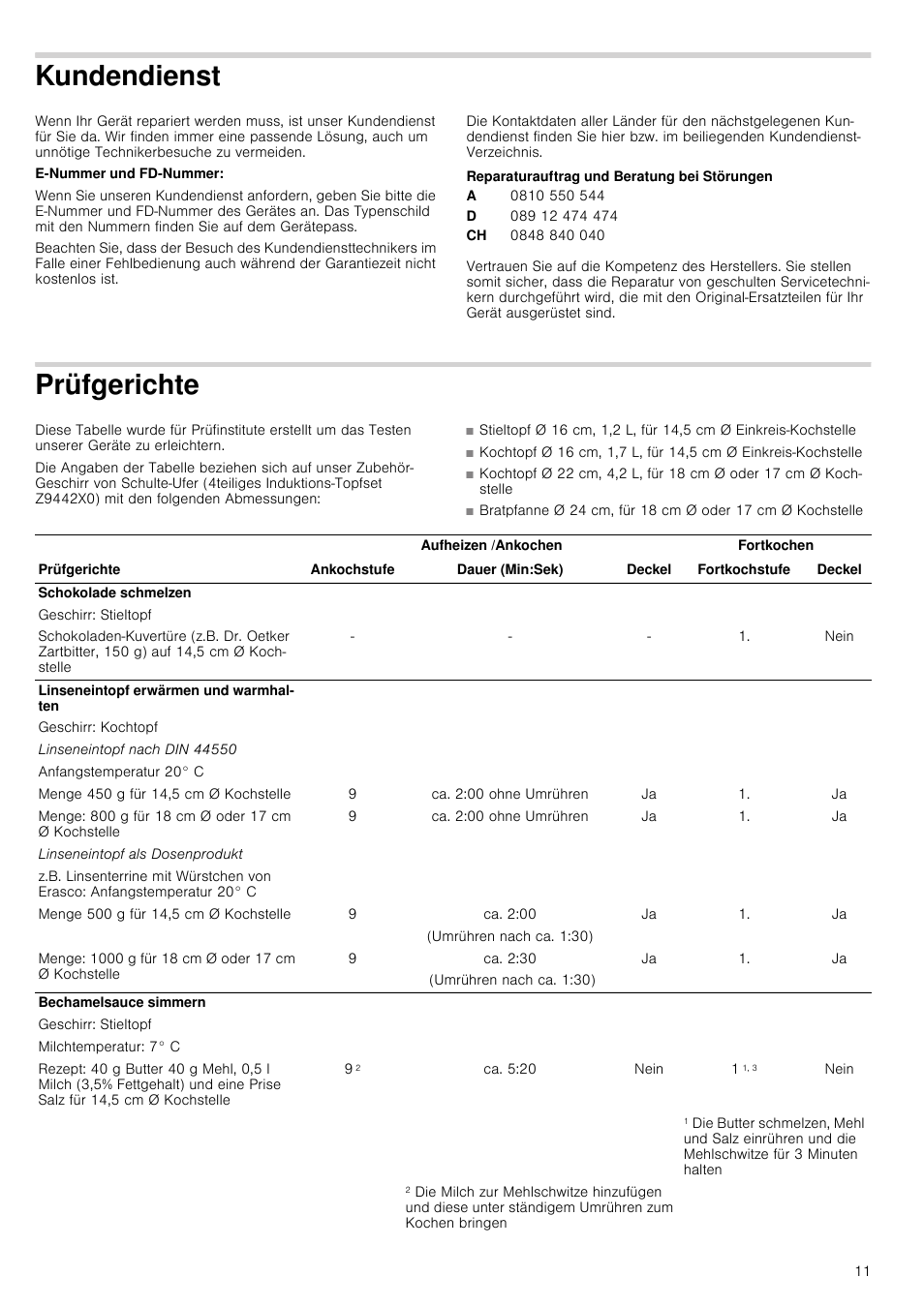 Kundendienst, Reparaturauftrag und beratung bei störungen, Prüfgerichte | Nein, Ca. 2:00 ohne umrühren, Ca. 2:00, Umrühren nach ca. 1:30), Ca. 2:30, Ca. 5:20, Ichte | Neff T18B42N2 User Manual | Page 11 / 48