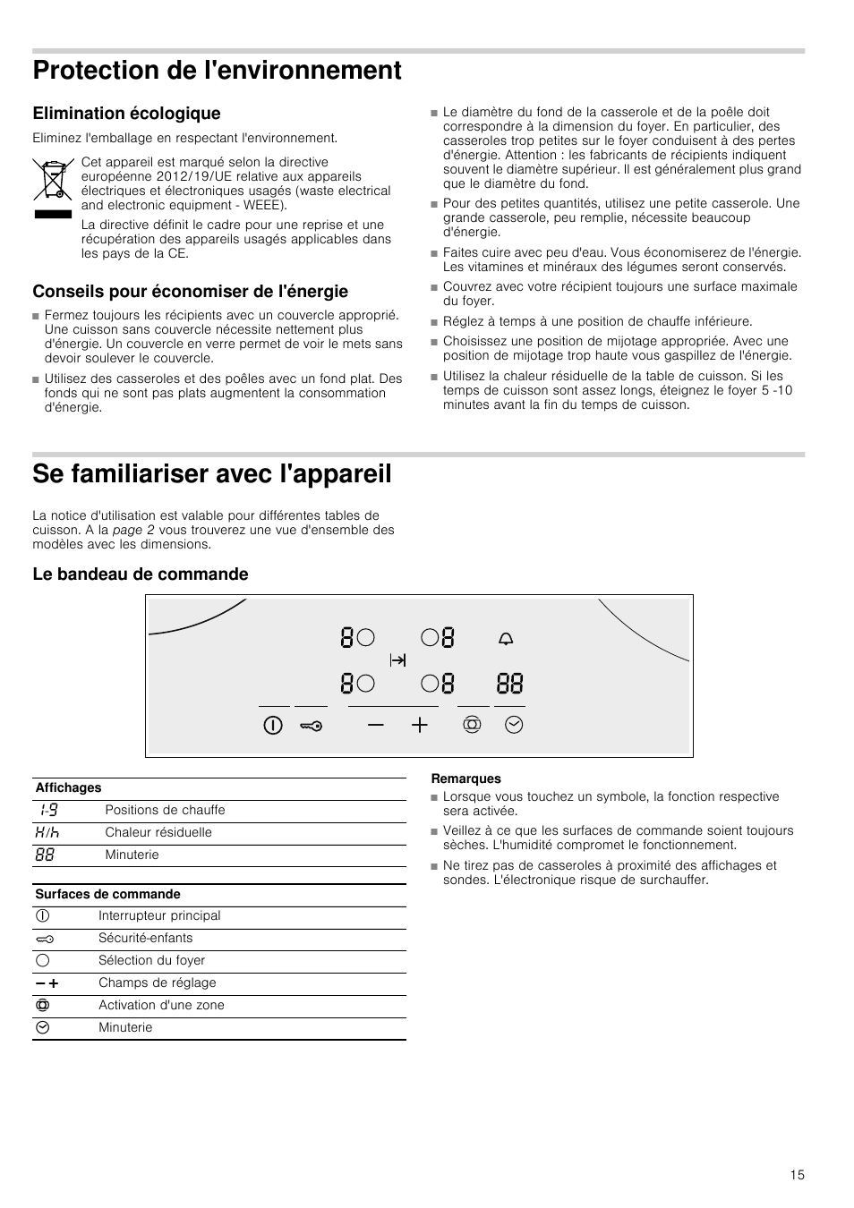 Protection de l'environnement, Elimination écologique, Conseils pour économiser de l'énergie | Se familiariser avec l'appareil, Le bandeau de commande, Remarques, Vironnement, Eil le bandeau de commande | Neff T18B42N2 User Manual | Page 15 / 48