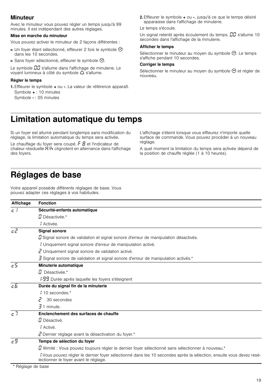 Minuteur, Régler le temps, Symbole + : 10 minutes | Limitation automatique du temps, Réglages de base | Neff T18B42N2 User Manual | Page 19 / 48