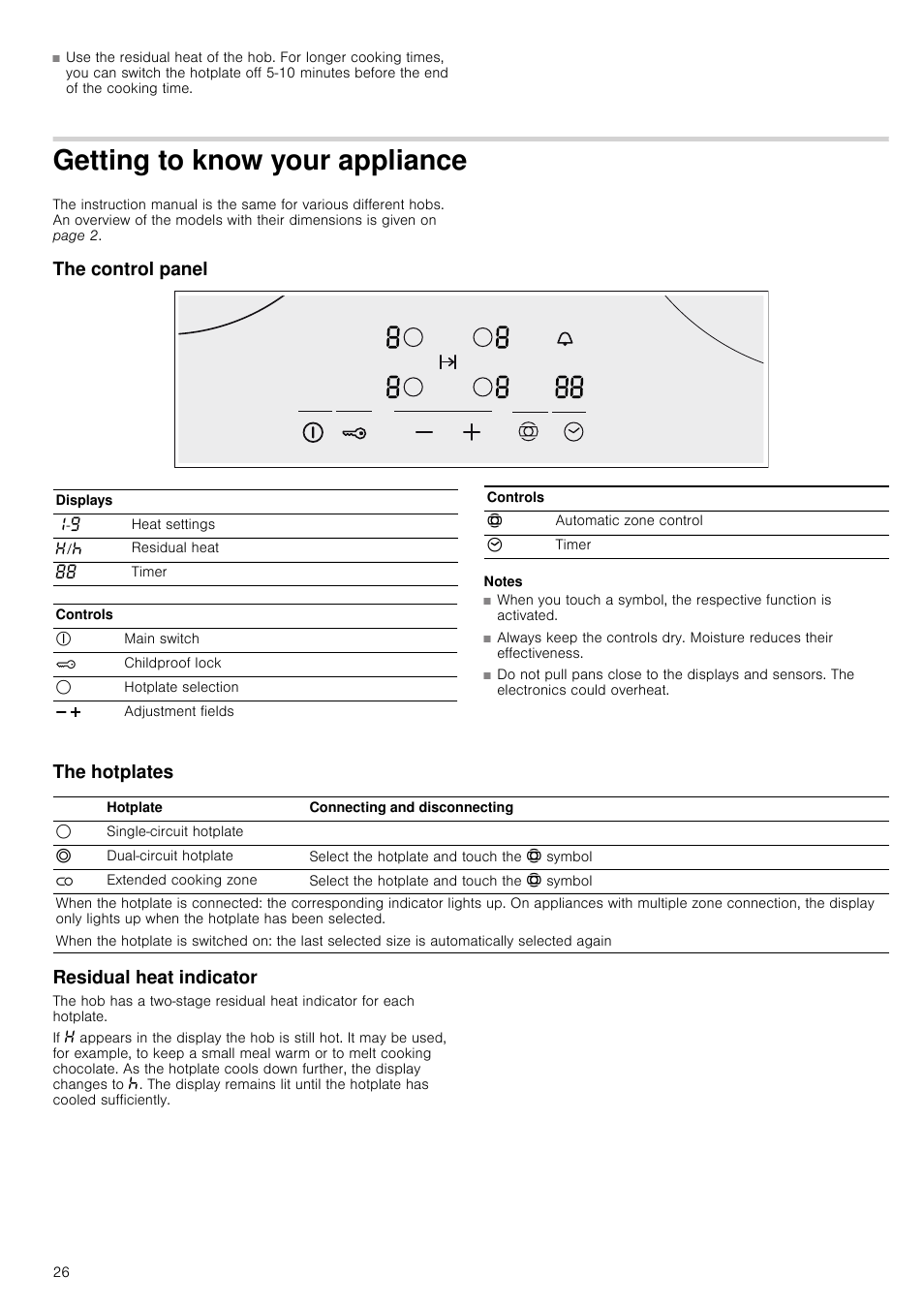 Getting to know your appliance, The control panel, Notes | The hotplates, Residual heat indicator, The hotplates residual heat indicator | Neff T18B42N2 User Manual | Page 26 / 48