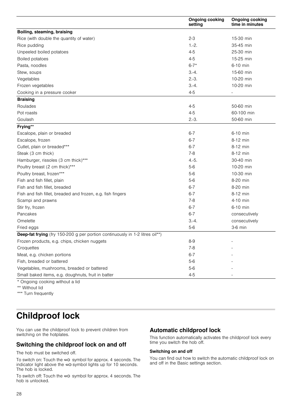 Childproof lock, Switching the childproof lock on and off, Automatic childproof lock | Switching on and off | Neff T18B42N2 User Manual | Page 28 / 48