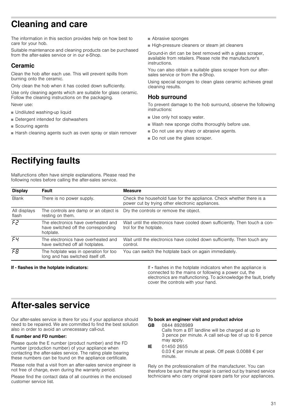 Cleaning and care, Ceramic, Hob surround | Rectifying faults, After-sales service, To book an engineer visit and product advice, E ceramic | Neff T18B42N2 User Manual | Page 31 / 48