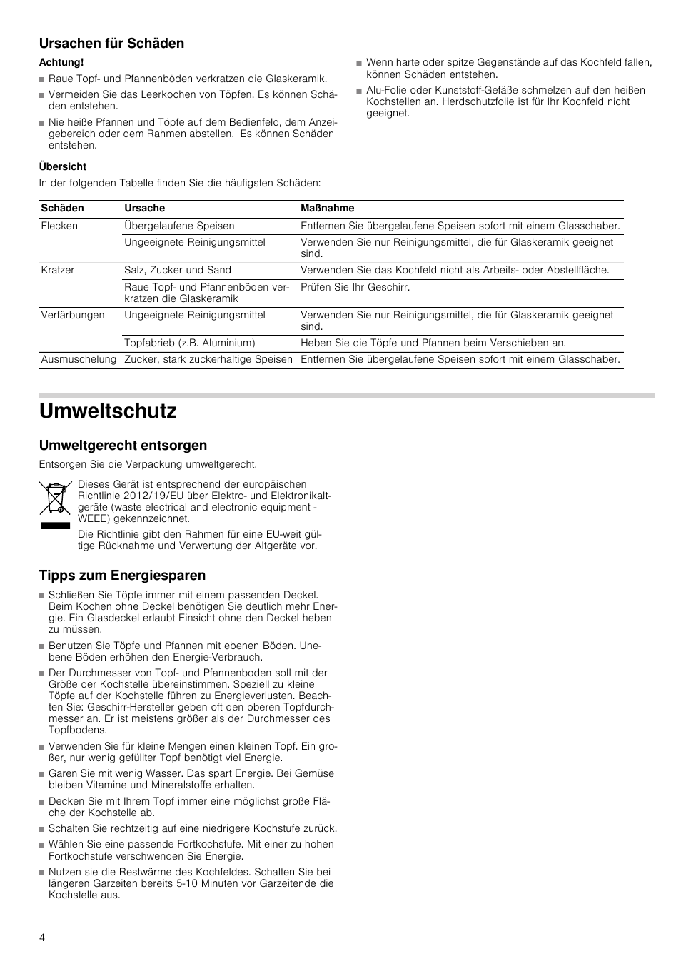 Ursachen für schäden, Achtung, Übersicht | Umweltschutz, Umweltgerecht entsorgen, Tipps zum energiesparen, Weltschutz | Neff T18B42N2 User Manual | Page 4 / 48