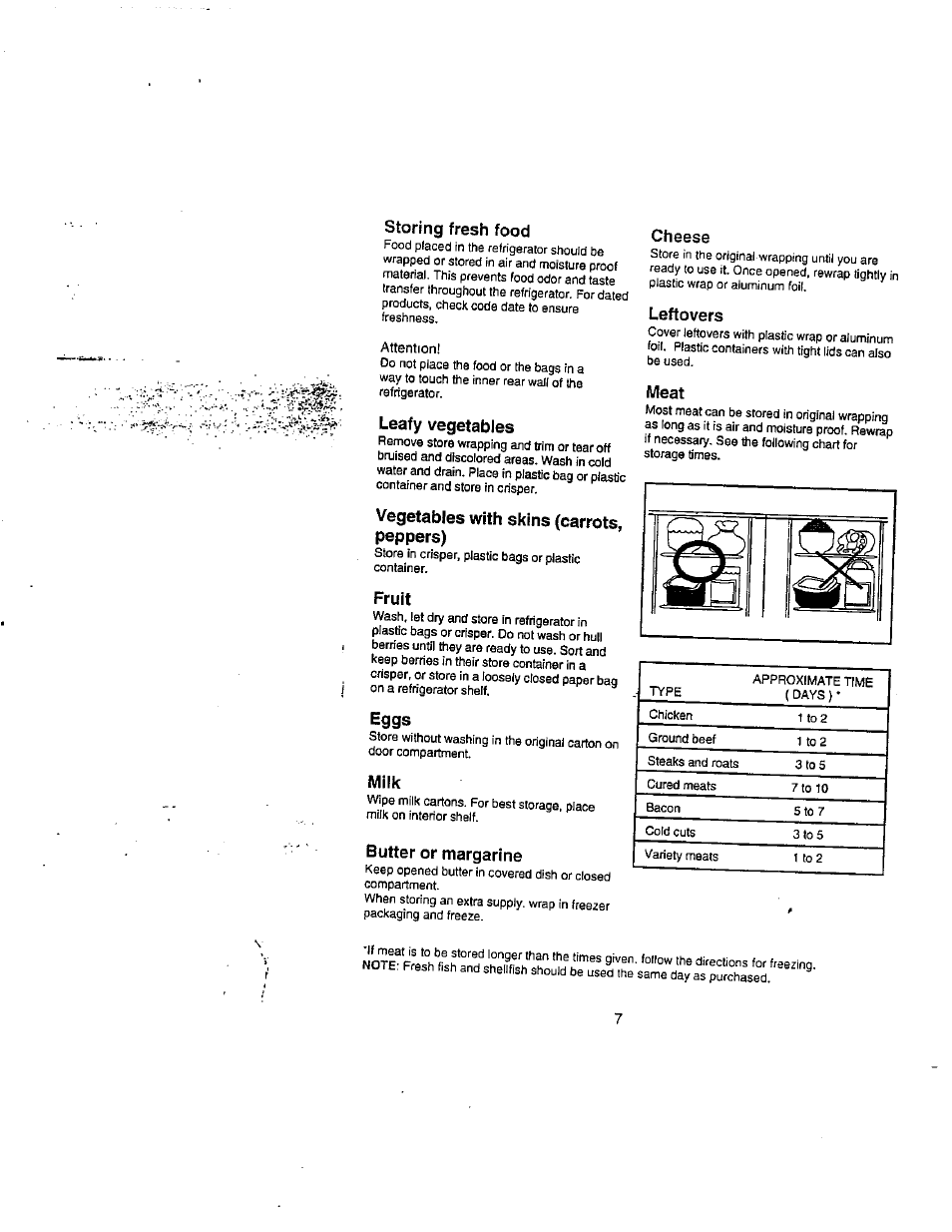 Storing fresh food, Leafy vegetables, Vegetables with skins (carrots, peppers) | Fruit, Eggs, Milk, Butter or margarine, Leftovers, Meat, Iflb | Avanti 1352 YWT User Manual | Page 8 / 14