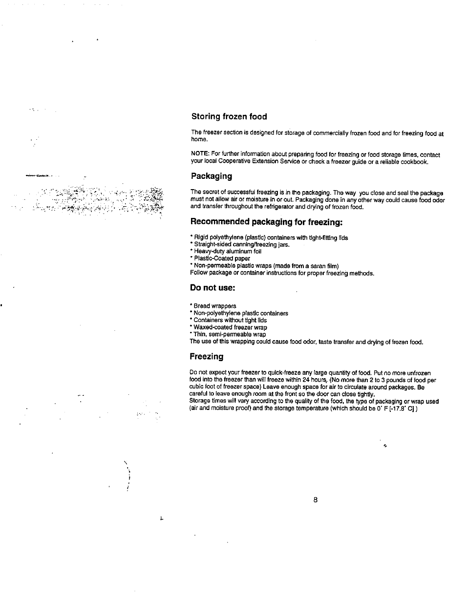 Packaging, Recommended packaging for freezing, Do not use | Freezing | Avanti 1352 YWT User Manual | Page 9 / 14