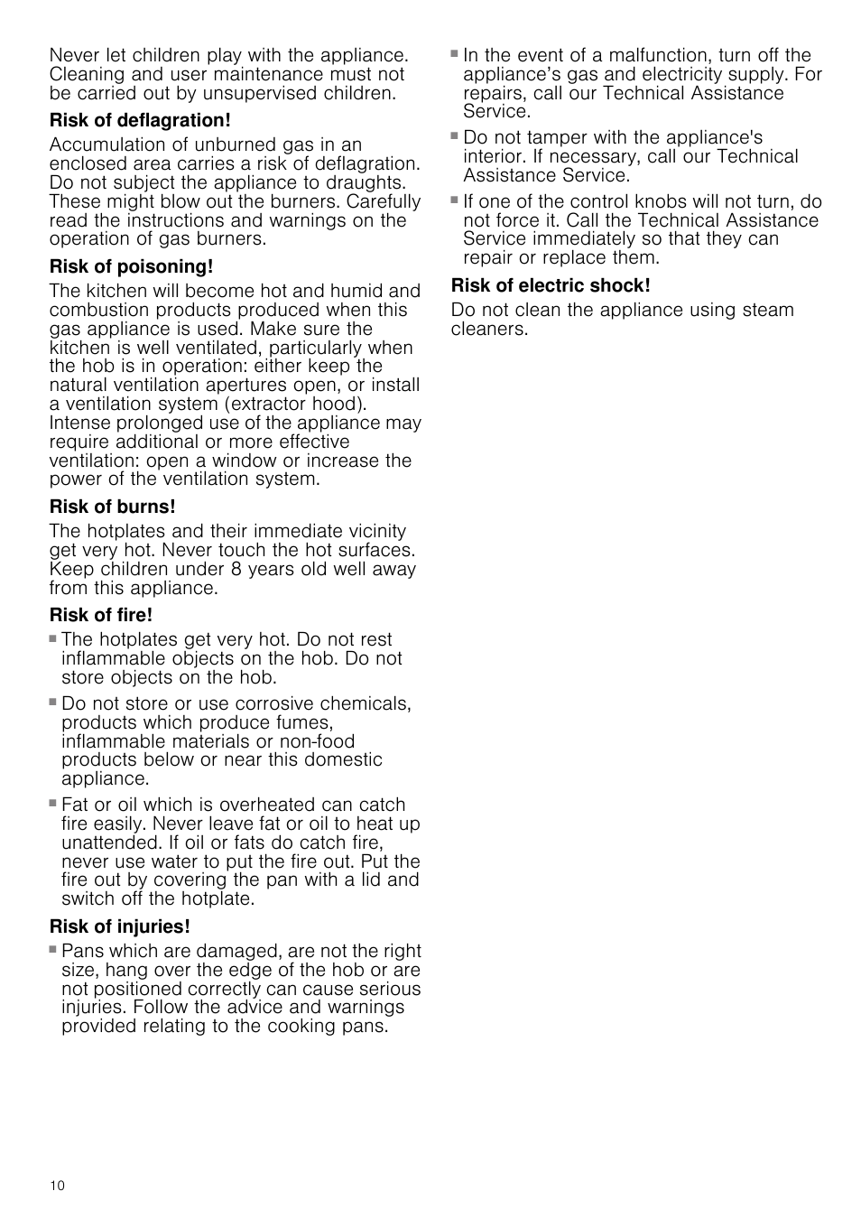 Risk of deflagration, Risk of poisoning, Risk of burns | Risk of fire, Risk of injuries, Risk of electric shock, Do not clean the appliance using steam cleaners | Neff M3126N1 User Manual | Page 10 / 51