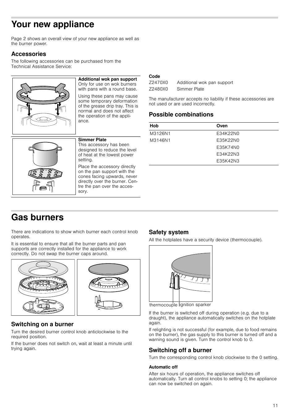 Your new appliance, Accessories, Code | Possible combinations, Gas burners, Switching on a burner, Safety system, Switching off a burner, Automatic off, W appliance | Neff M3126N1 User Manual | Page 11 / 51