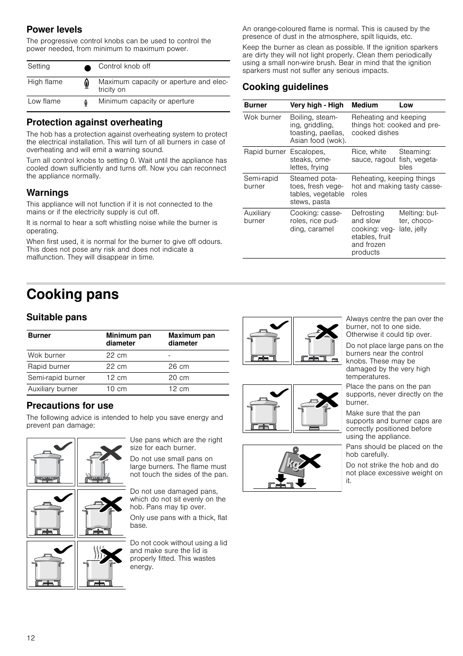 Power levels, Protection against overheating, Warnings | Cooking guidelines, Cooking pans, Suitable pans, Precautions for use, Suitable pans precautions for use | Neff M3126N1 User Manual | Page 12 / 51