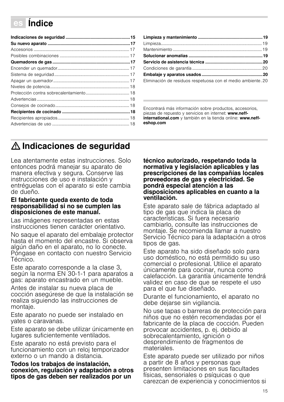 Û índice[es] instrucciones de uso, Indicaciones de seguridad, Instrucciones de uso | Índice | Neff M3126N1 User Manual | Page 15 / 51