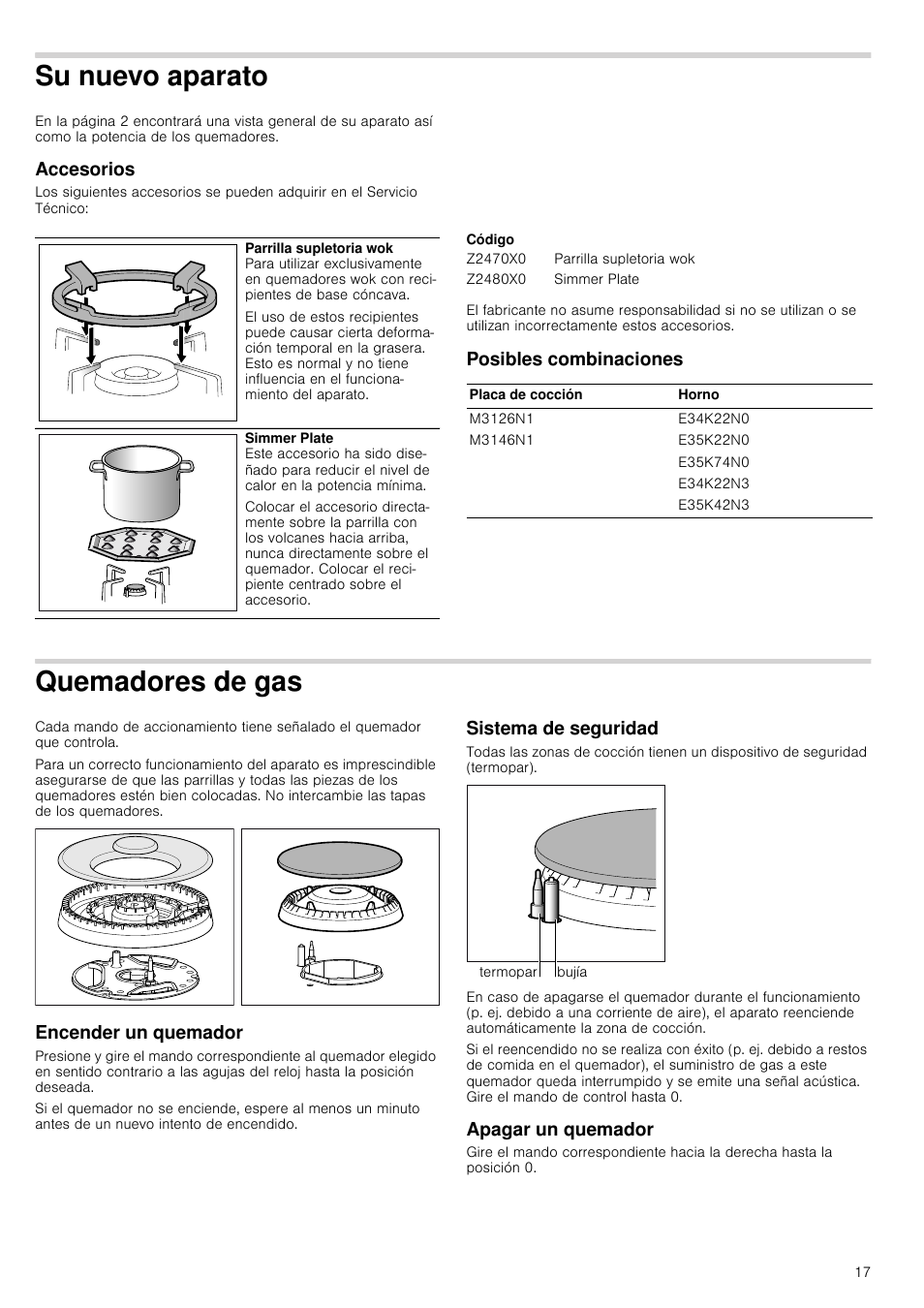 Su nuevo aparato, Accesorios, Código | Posibles combinaciones, Quemadores de gas, Encender un quemador, Sistema de seguridad, Apagar un quemador, Encender un quemador sistema de seguridad | Neff M3126N1 User Manual | Page 17 / 51