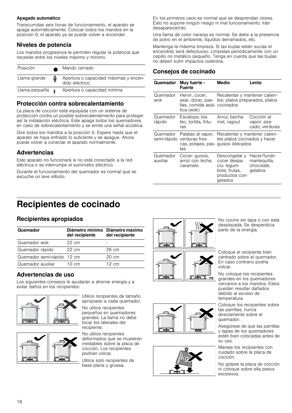 Apagado automático, Niveles de potencia, Protección contra sobrecalentamiento | Advertencias, Consejos de cocinado, Recipientes de cocinado, Recipientes apropiados, Advertencias de uso, Recipientes apropiados advertencias de uso | Neff M3126N1 User Manual | Page 18 / 51