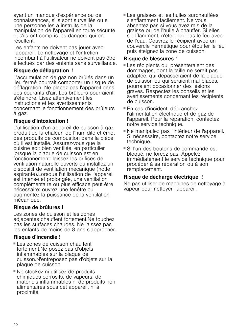 Risque de déflagration, Risque d'intoxication, Risque de brûlures | Risque d'incendie, Risque de blessures, Risque de décharge électrique | Neff M3126N1 User Manual | Page 22 / 51