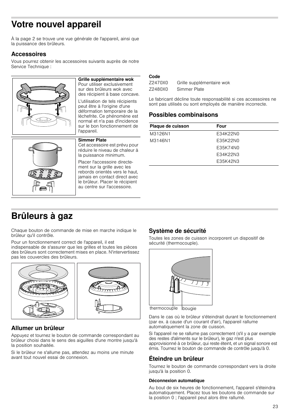 Votre nouvel appareil, Accessoires, Code | Possibles combinaisons, Brûleurs à gaz, Allumer un brûleur, Système de sécurité, Éteindre un brûleur, Déconnexion automatique | Neff M3126N1 User Manual | Page 23 / 51