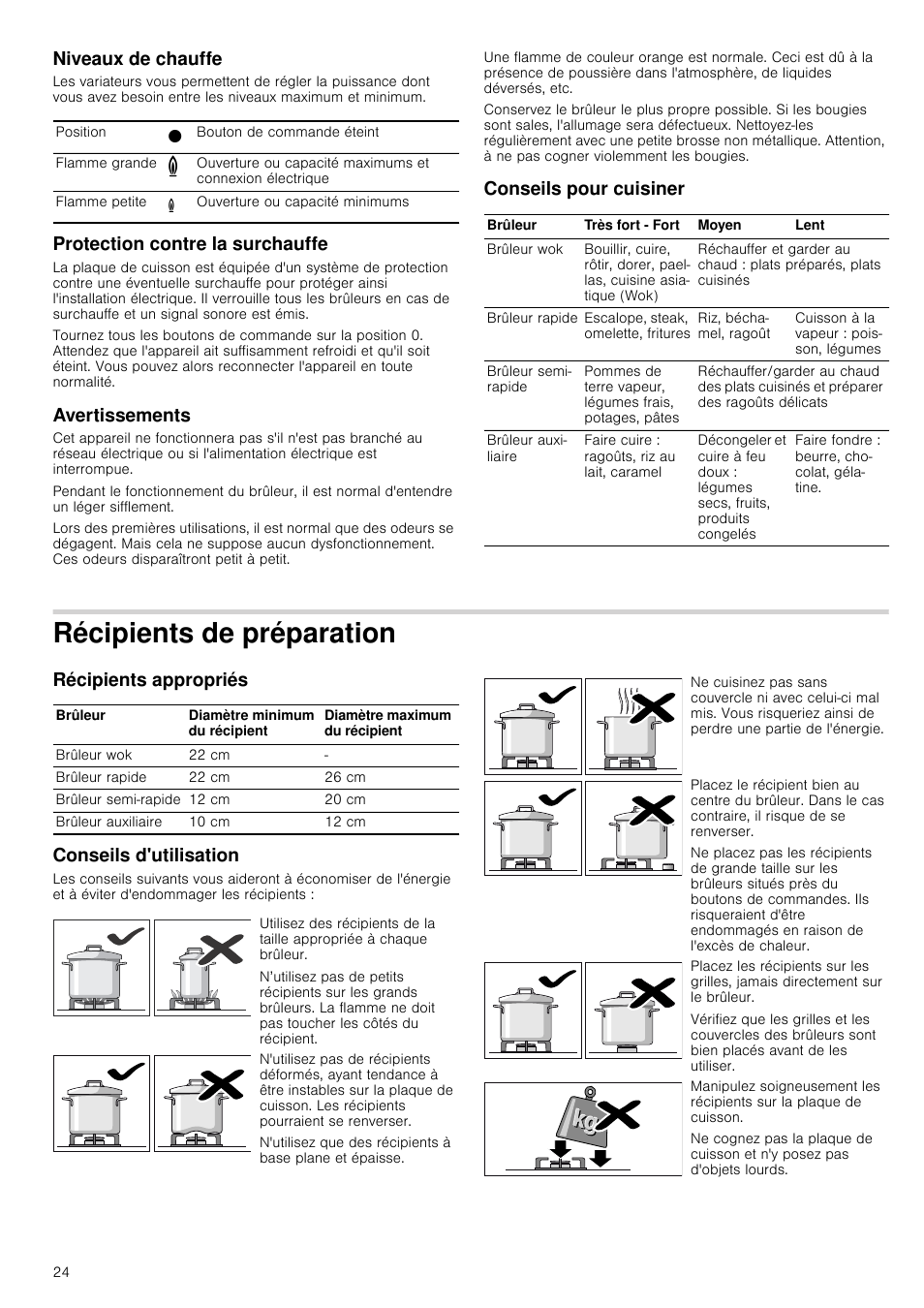 Niveaux de chauffe, Protection contre la surchauffe, Avertissements | Conseils pour cuisiner, Récipients de préparation, Récipients appropriés, Conseils d'utilisation, Ation récipients appropriés conseils d'utilisation, Récipients appropriés conseils d'utilisation | Neff M3126N1 User Manual | Page 24 / 51