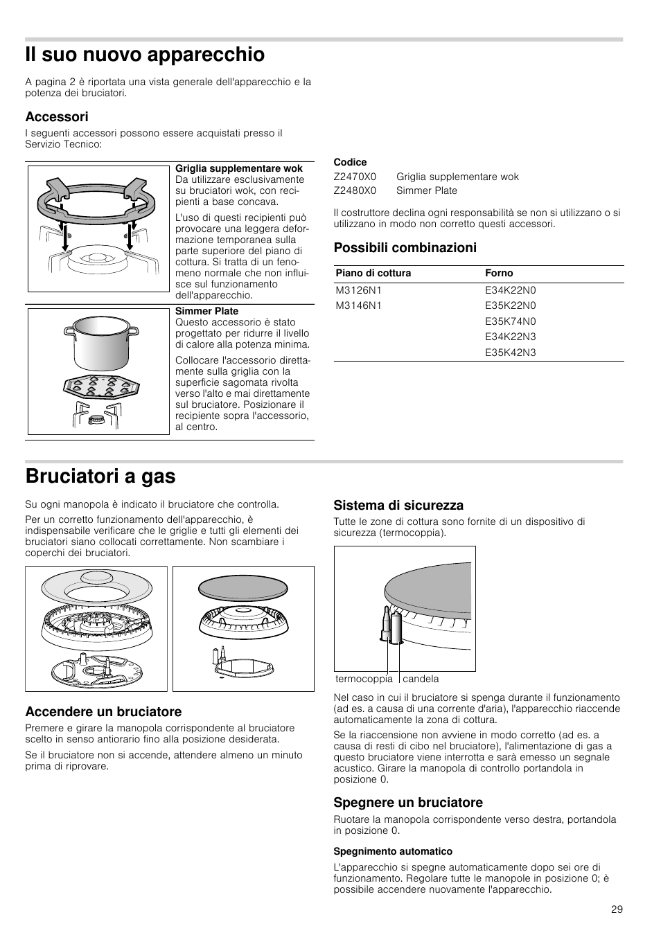 Il suo nuovo apparecchio, Accessori, Codice | Possibili combinazioni, Bruciatori a gas, Accendere un bruciatore, Sistema di sicurezza, Spegnere un bruciatore, Spegnimento automatico | Neff M3126N1 User Manual | Page 29 / 51