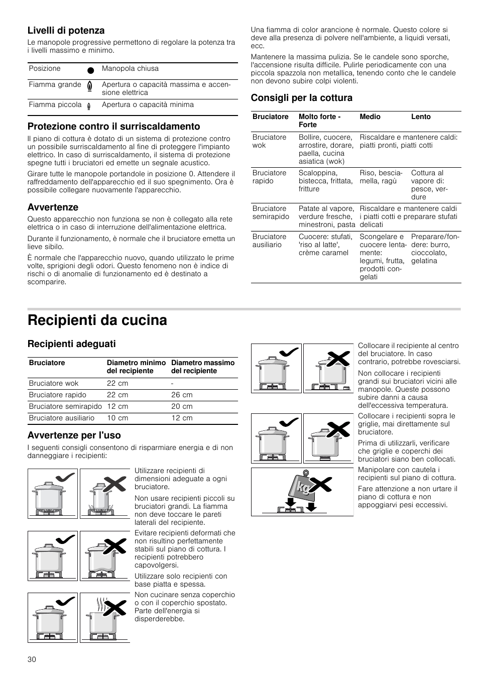 Livelli di potenza, Protezione contro il surriscaldamento, Avvertenze | Consigli per la cottura, Recipienti da cucina, Recipienti adeguati, Avvertenze per l'uso, Recipienti adeguati avvertenze per l'uso | Neff M3126N1 User Manual | Page 30 / 51