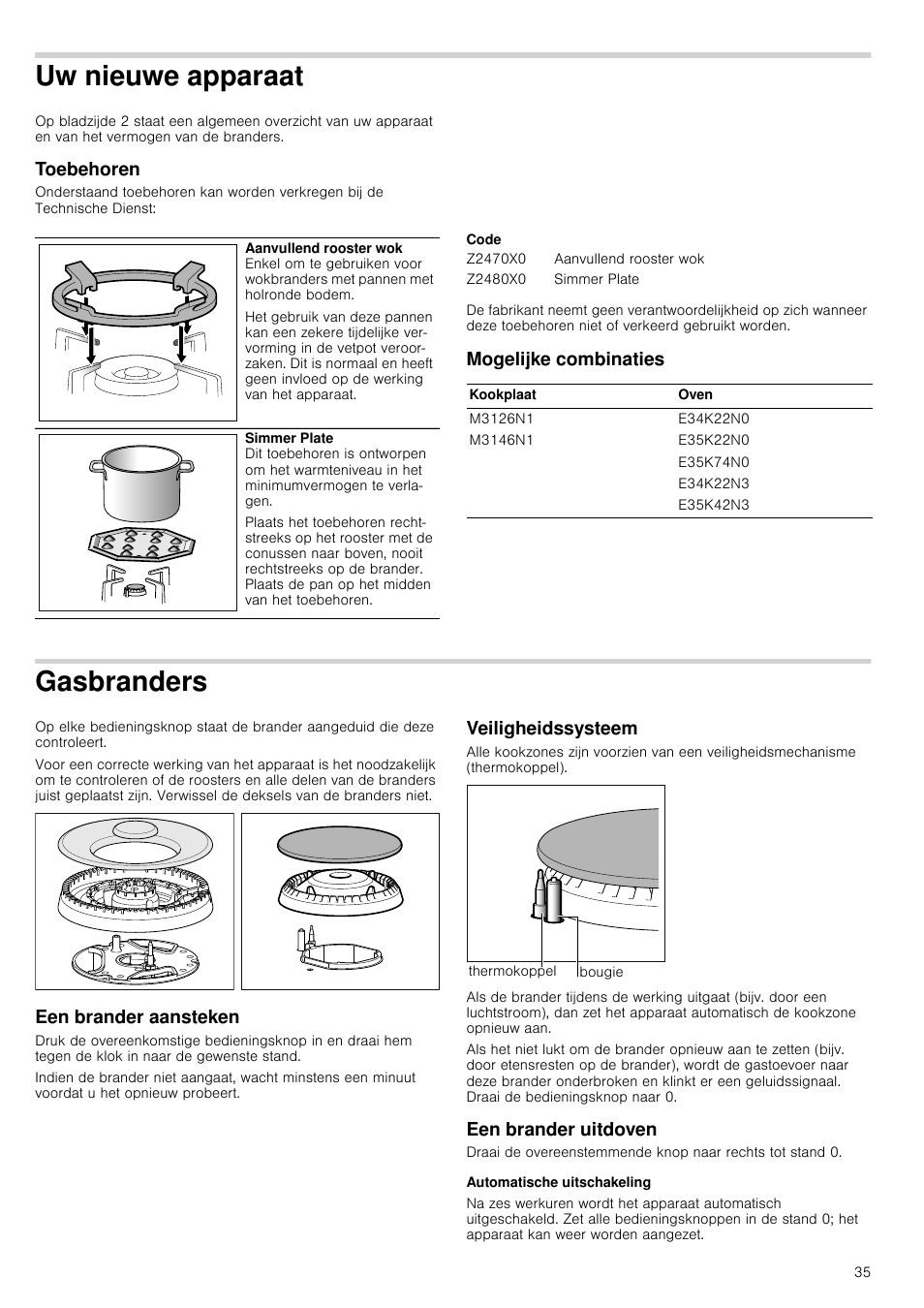 Uw nieuwe apparaat, Toebehoren, Code | Mogelijke combinaties, Gasbranders, Een brander aansteken, Veiligheidssysteem, Een brander uitdoven, Automatische uitschakeling, Aat toebehoren mogelijke combinaties | Neff M3126N1 User Manual | Page 35 / 51