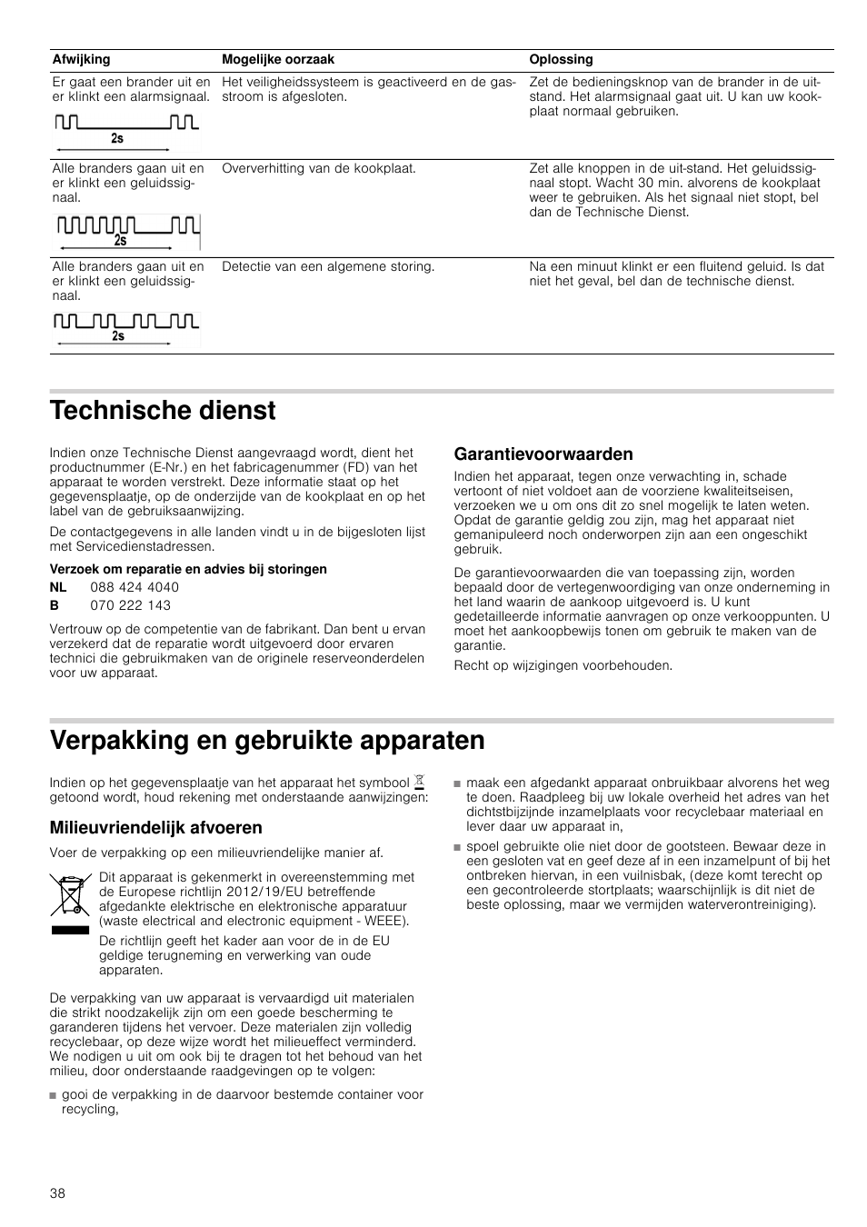 Technische dienst, Verzoek om reparatie en advies bij storingen, Garantievoorwaarden | Verpakking en gebruikte apparaten, Milieuvriendelijk afvoeren, Chnische dienst | Neff M3126N1 User Manual | Page 38 / 51