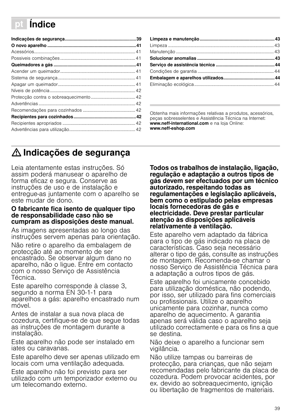 Ì índice[pt] instruções de serviço, Indicações de segurança, Não deixe o aparelho a funcionar sem vigilância | Instruções de serviço, Índice | Neff M3126N1 User Manual | Page 39 / 51