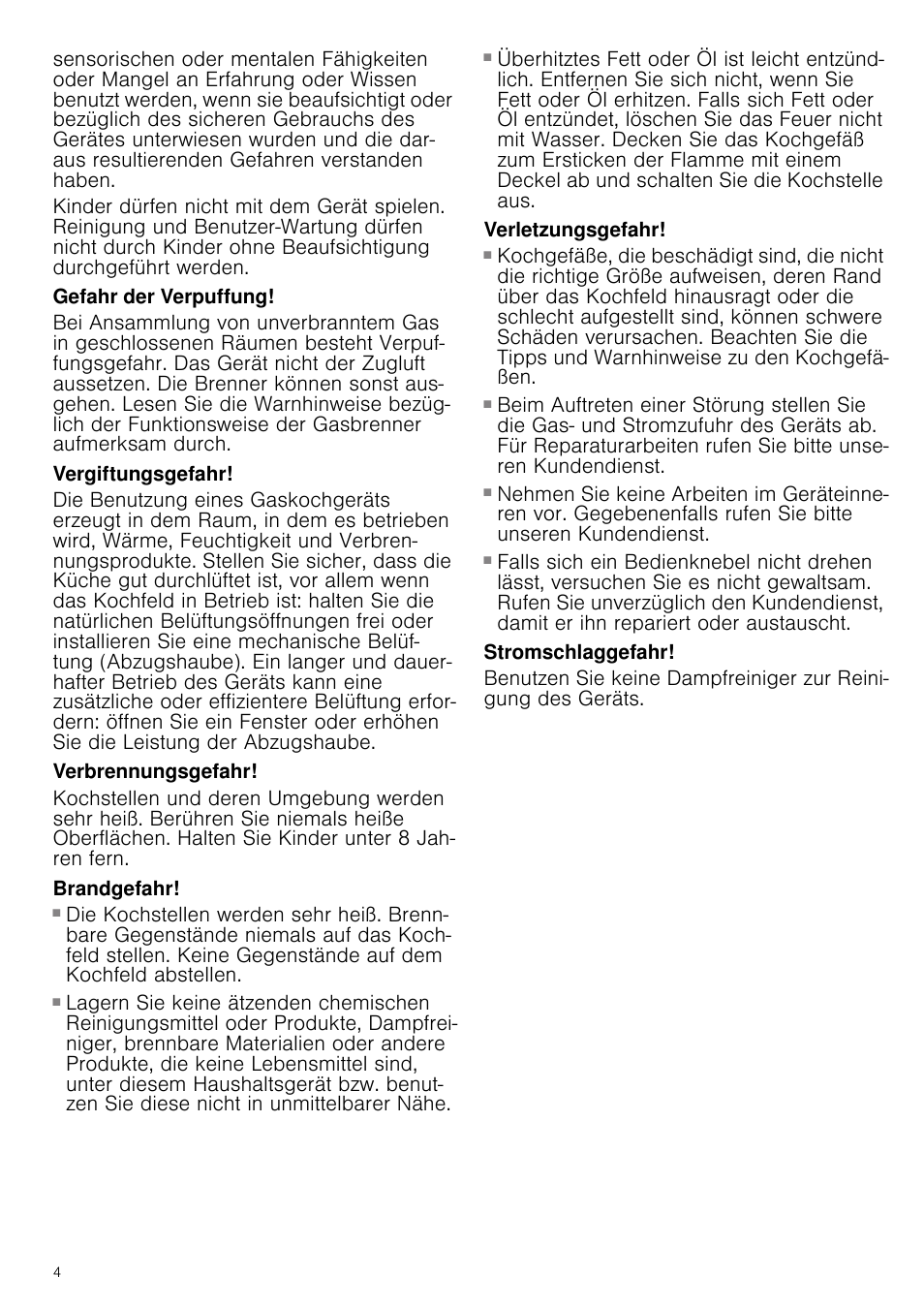 Gefahr der verpuffung, Vergiftungsgefahr, Verbrennungsgefahr | Brandgefahr, Verletzungsgefahr, Stromschlaggefahr | Neff M3126N1 User Manual | Page 4 / 51