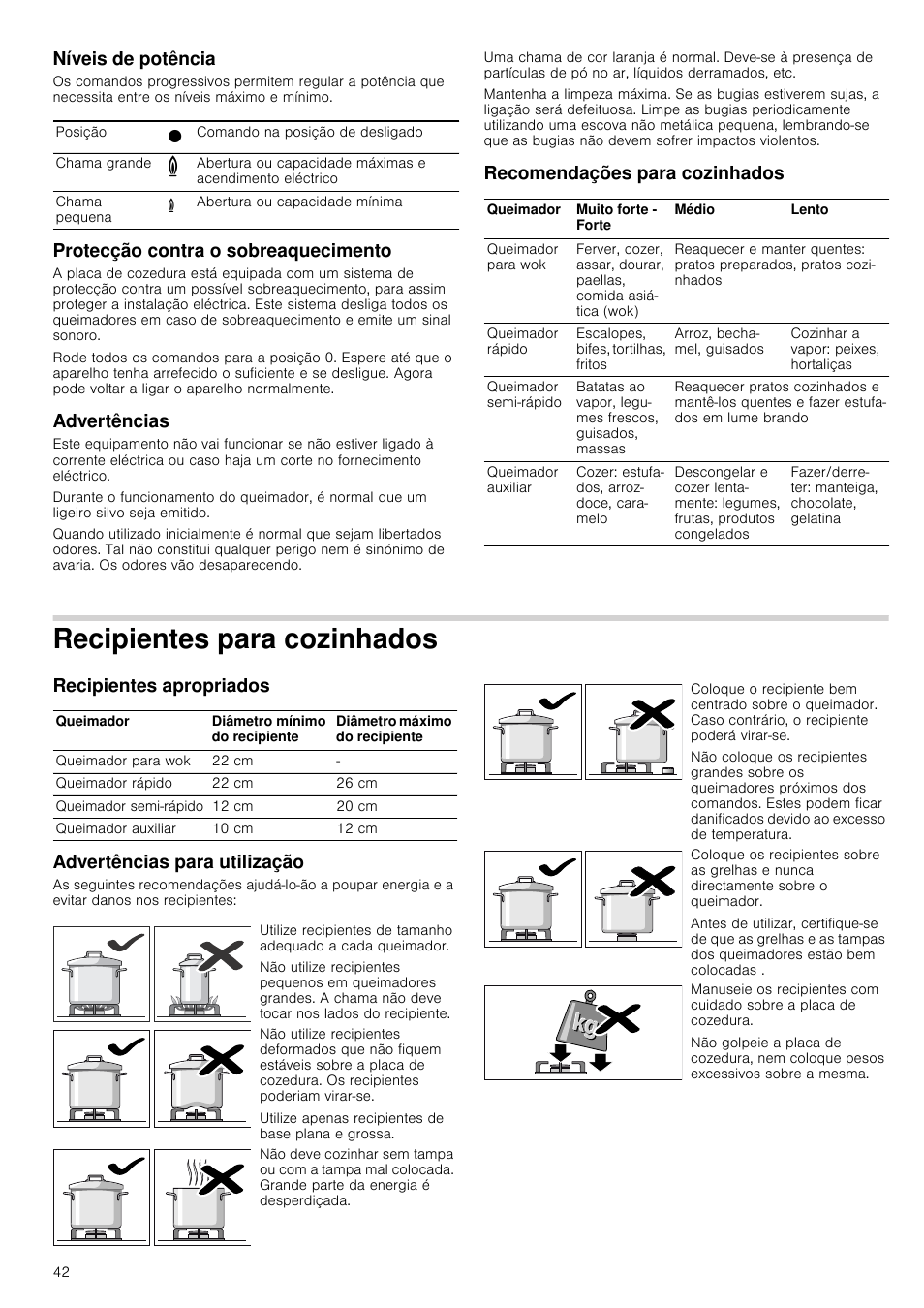 Níveis de potência, Protecção contra o sobreaquecimento, Advertências | Recomendações para cozinhados, Recipientes para cozinhados, Recipientes apropriados, Advertências para utilização | Neff M3126N1 User Manual | Page 42 / 51