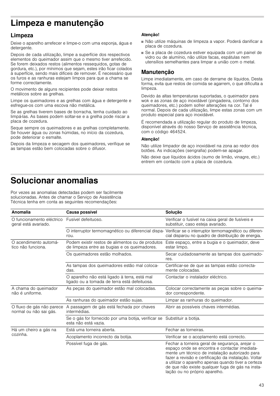 Limpeza e manutenção, Limpeza, Atenção | Manutenção, Solucionar anomalias | Neff M3126N1 User Manual | Page 43 / 51