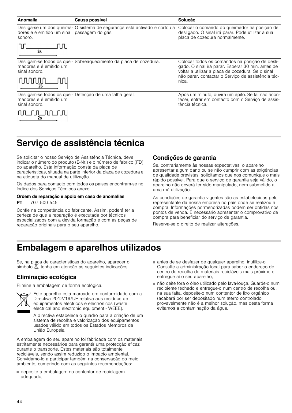 Serviço de assistência técnica, Ordem de reparação e apoio em caso de anomalias, Condições de garantia | Embalagem e aparelhos utilizados, Eliminação ecológica | Neff M3126N1 User Manual | Page 44 / 51