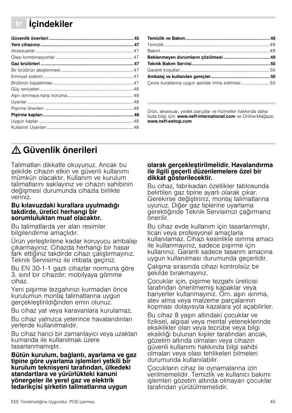 Ô içindekiler[tr] kullanma kιlavuzu, Güvenlik önerileri, Bu cihaz yat veya karavanlara kurulamaz | Lavuzu, Içindekiler | Neff M3126N1 User Manual | Page 45 / 51
