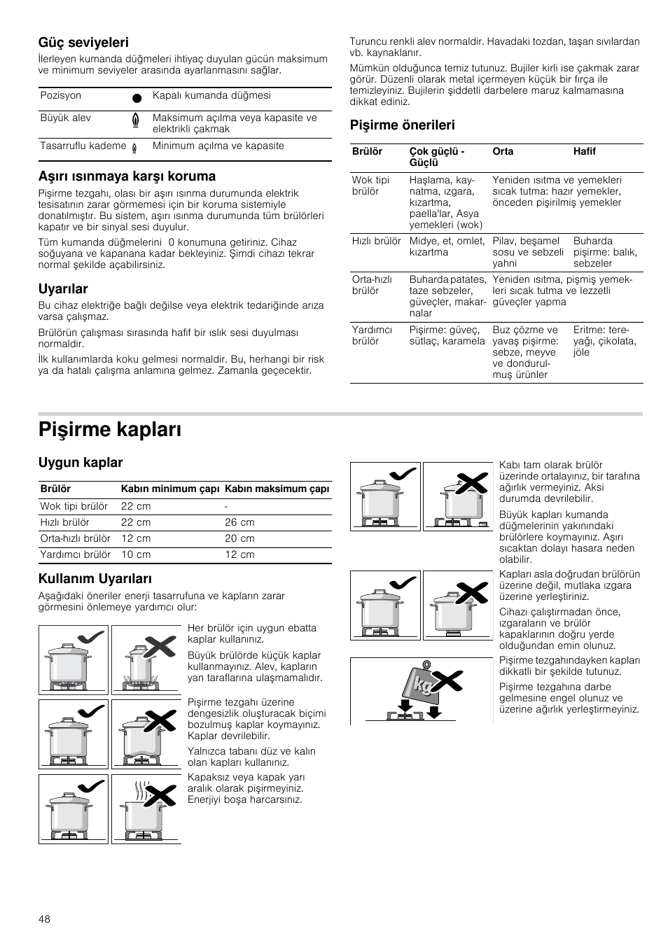 Güç seviyeleri, Aşırı ısınmaya karşı koruma, Uyarılar | Pişirme önerileri, Pişirme kapları, Uygun kaplar, Kullanım uyarıları, Koruma, Uygun kaplar kullanım uyarıları | Neff M3126N1 User Manual | Page 48 / 51
