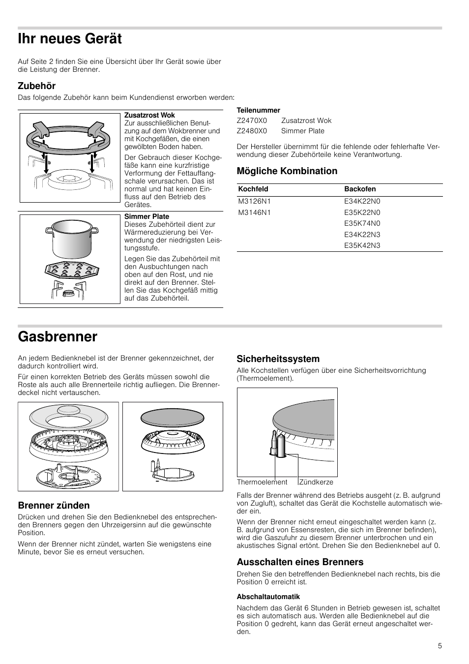 Ihr neues gerät, Zubehör, Teilenummer | Mögliche kombination, Gasbrenner, Brenner zünden, Sicherheitssystem, Ausschalten eines brenners, Abschaltautomatik, Gasbrenner brenner zünden | Neff M3126N1 User Manual | Page 5 / 51