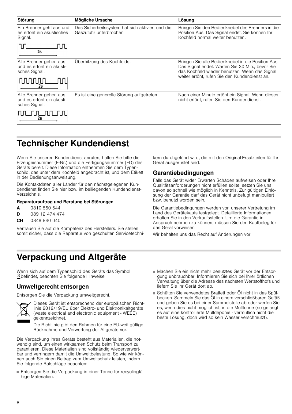 Technischer kundendienst, Reparaturauftrag und beratung bei störungen, Garantiebedingungen | Verpackung und altgeräte, Umweltgerecht entsorgen, Undendienst garantiebedingungen | Neff M3126N1 User Manual | Page 8 / 51