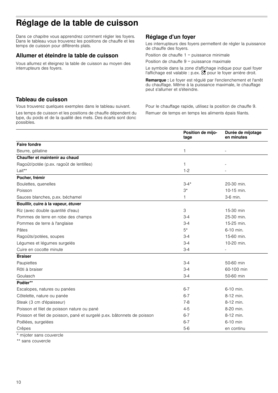 Réglage de la table de cuisson, Allumer et éteindre la table de cuisson, Réglage d'un foyer | Remarque, Tableau de cuisson | Neff T13K41N2 User Manual | Page 10 / 24