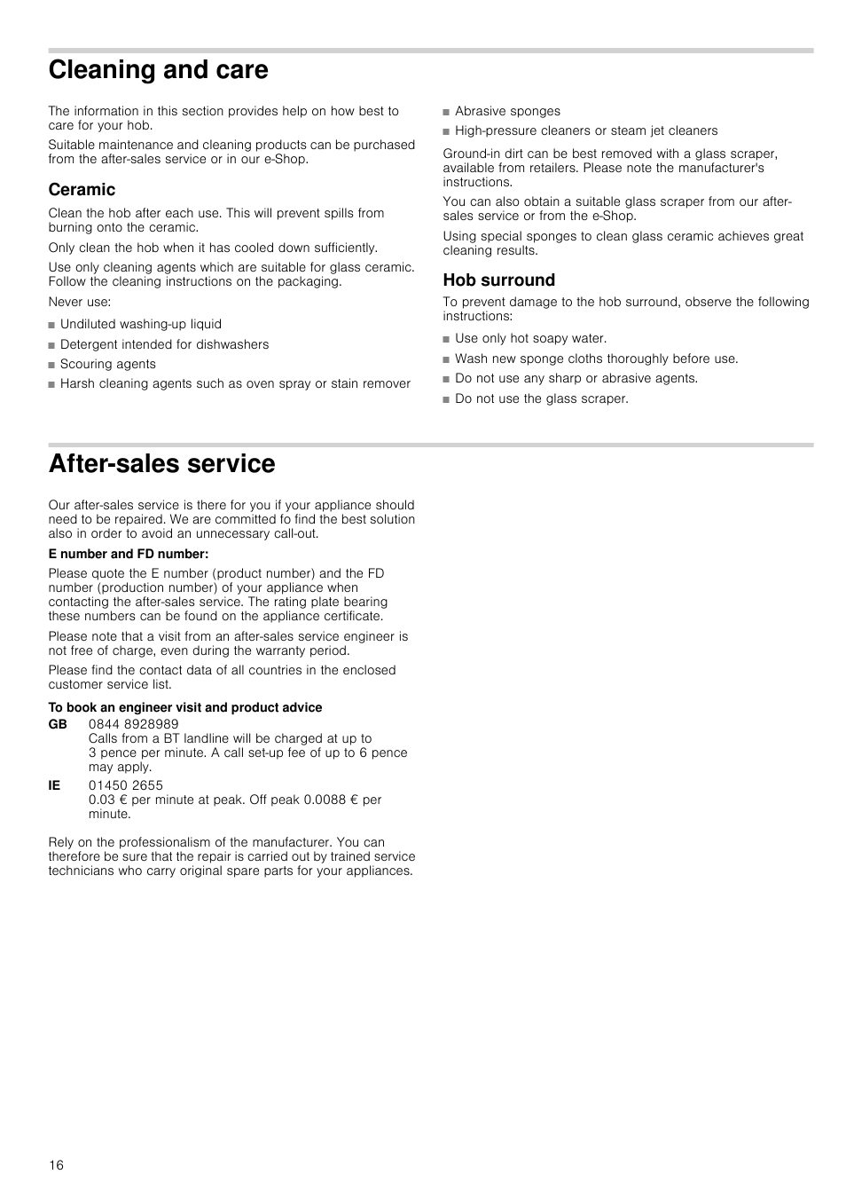 Cleaning and care, Ceramic, Hob surround | After-sales service, To book an engineer visit and product advice, E ceramic | Neff T13K41N2 User Manual | Page 16 / 24