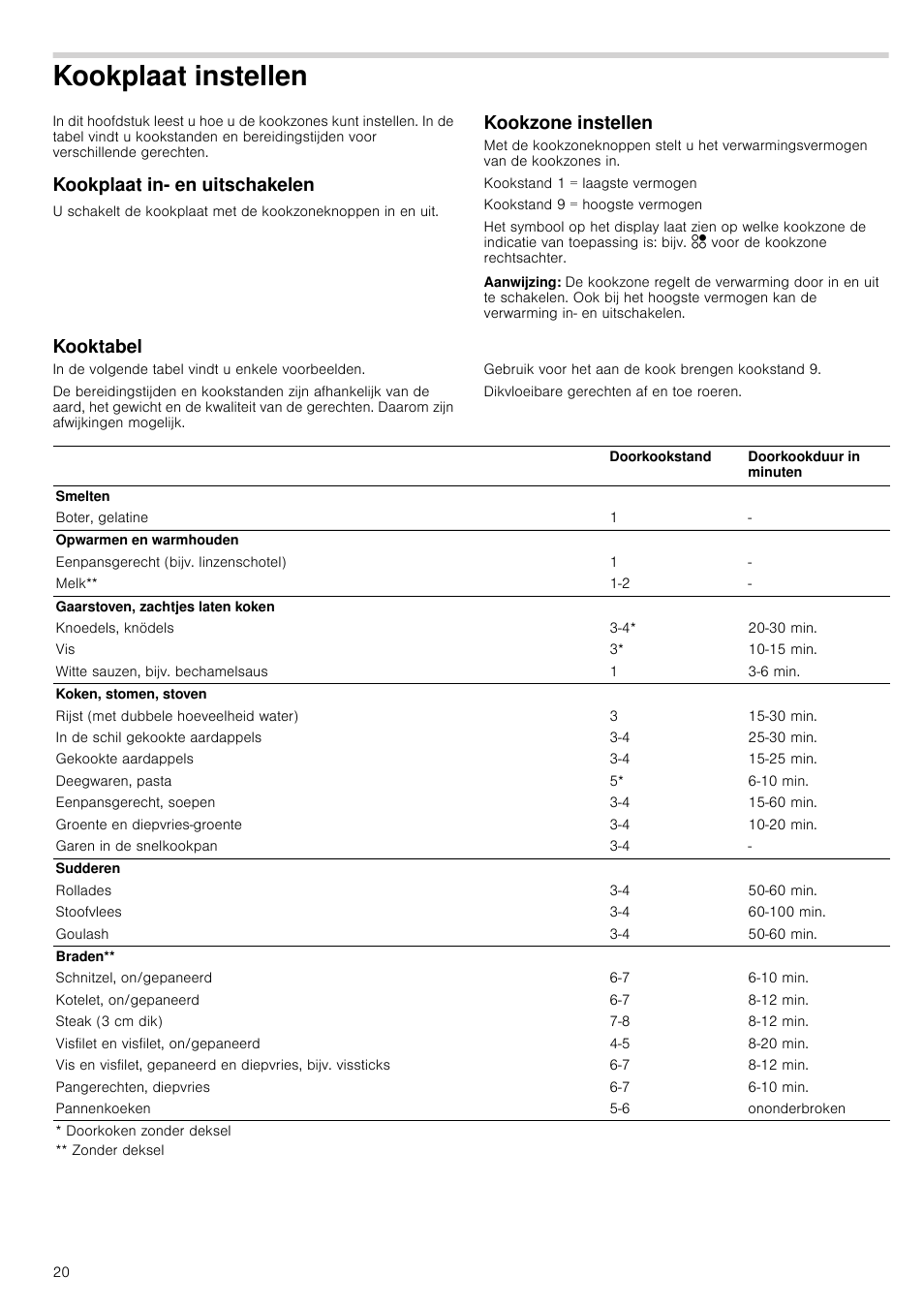Kookplaat instellen, Kookplaat in- en uitschakelen, Kookzone instellen | Aanwijzing, Kooktabel, Ellen | Neff T13K41N2 User Manual | Page 20 / 24