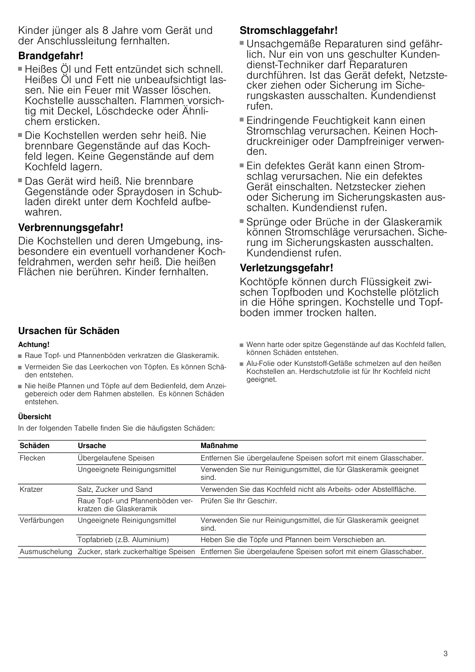 Brandgefahr, Verbrennungsgefahr, Stromschlaggefahr | Verletzungsgefahr, Ursachen für schäden, Achtung, Übersicht | Neff T13K41N2 User Manual | Page 3 / 24