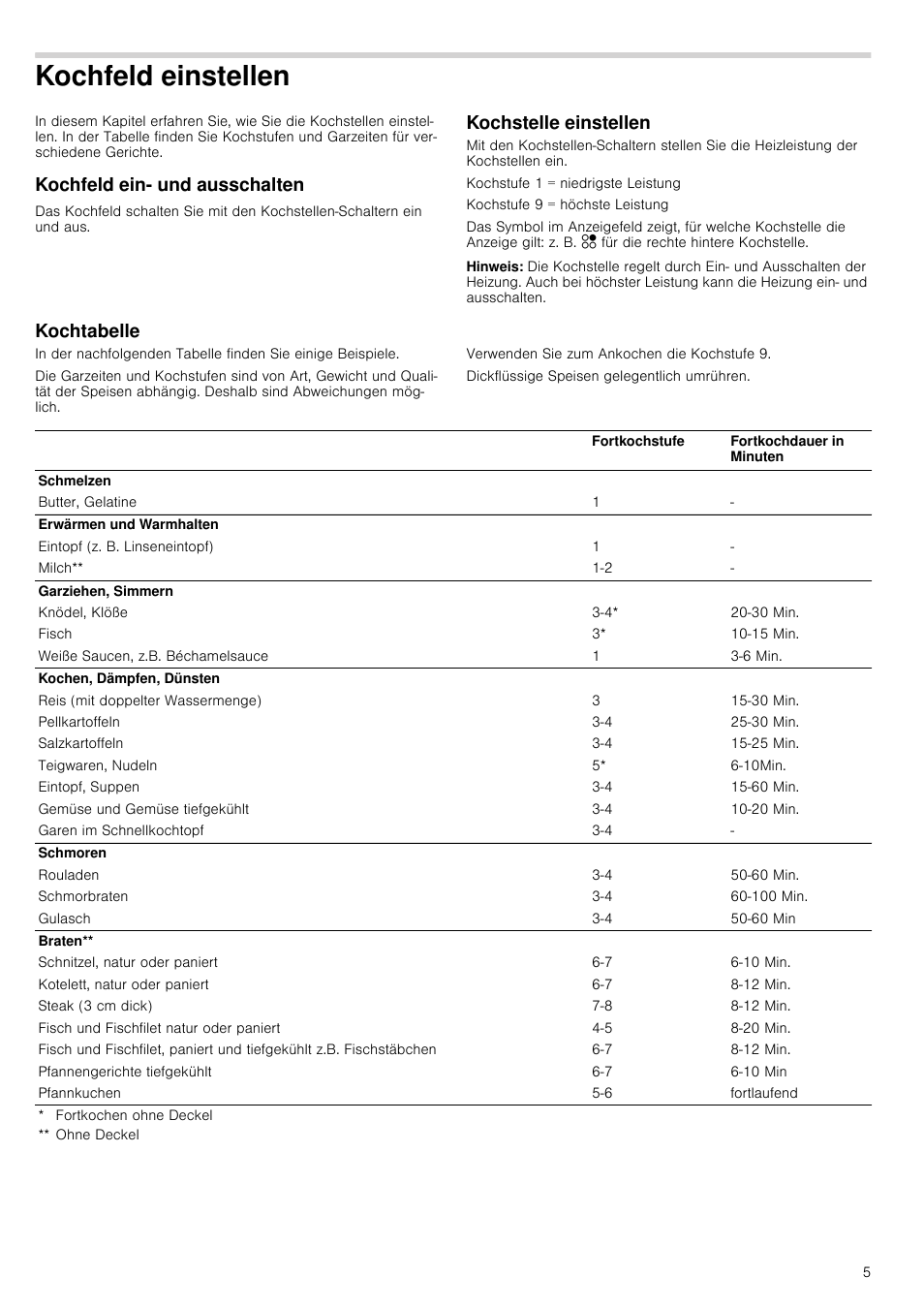 Kochfeld einstellen, Kochfeld ein- und ausschalten, Kochstelle einstellen | Hinweis, Kochtabelle | Neff T13K41N2 User Manual | Page 5 / 24