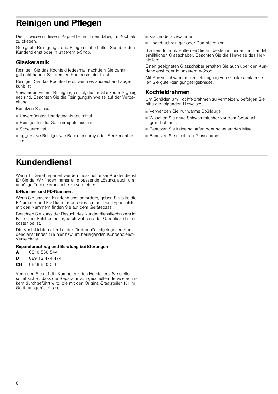 Reinigen und pflegen, Glaskeramik, Kochfeldrahmen | Kundendienst, Reparaturauftrag und beratung bei störungen, Glaskeramik kochfeldrahmen | Neff T13K41N2 User Manual | Page 6 / 24