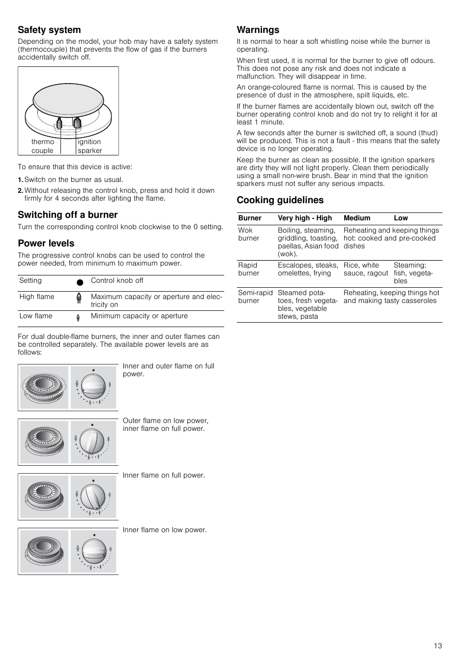Safety system, Switch on the burner as usual, Switching off a burner | Power levels, Warnings, Cooking guidelines, Safety system switching off a burner | Neff N24K30N0 User Manual | Page 13 / 44