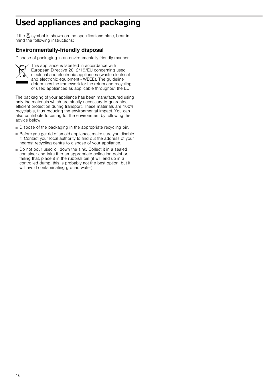Used appliances and packaging, Environmentally-friendly disposal | Neff N24K30N0 User Manual | Page 16 / 44