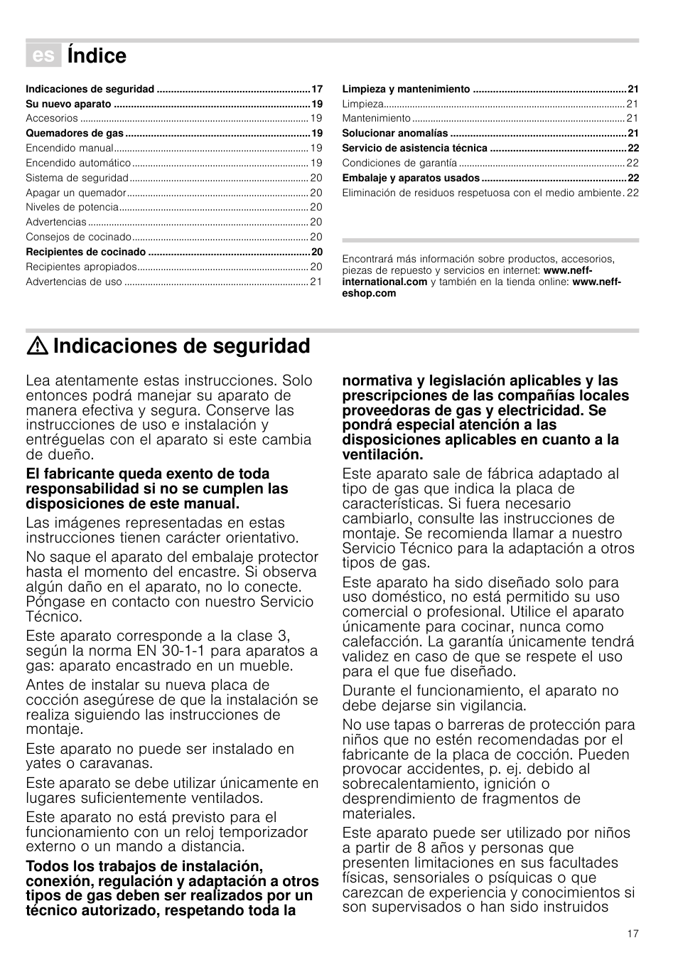 Û índice[es] instrucciones de uso, Indicaciones de seguridad, Instrucciones de uso | Índice | Neff N24K30N0 User Manual | Page 17 / 44