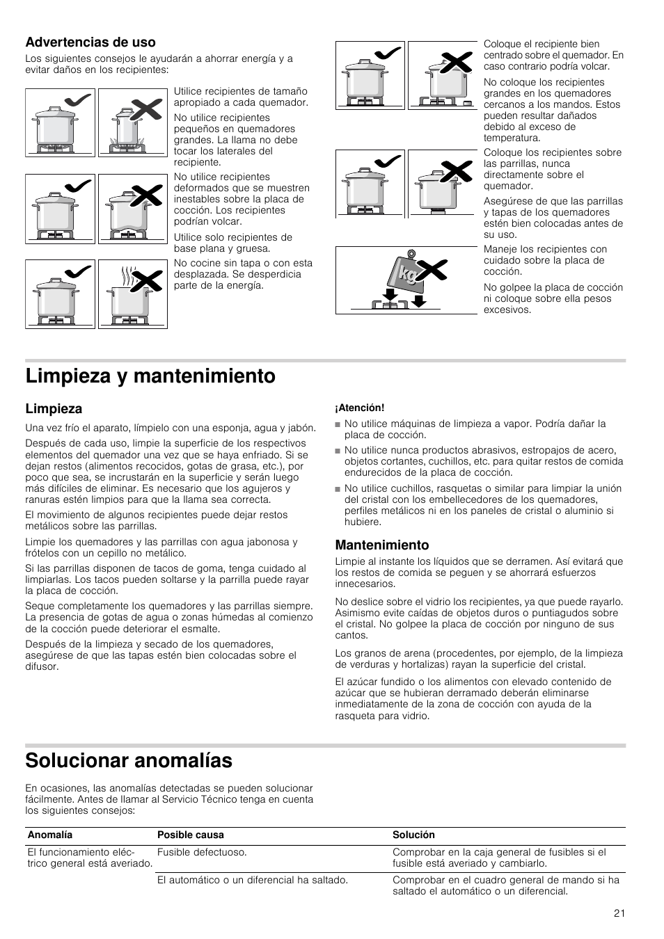 Advertencias de uso, Limpieza y mantenimiento, Limpieza | Atención, Mantenimiento, Solucionar anomalías, O limpieza | Neff N24K30N0 User Manual | Page 21 / 44