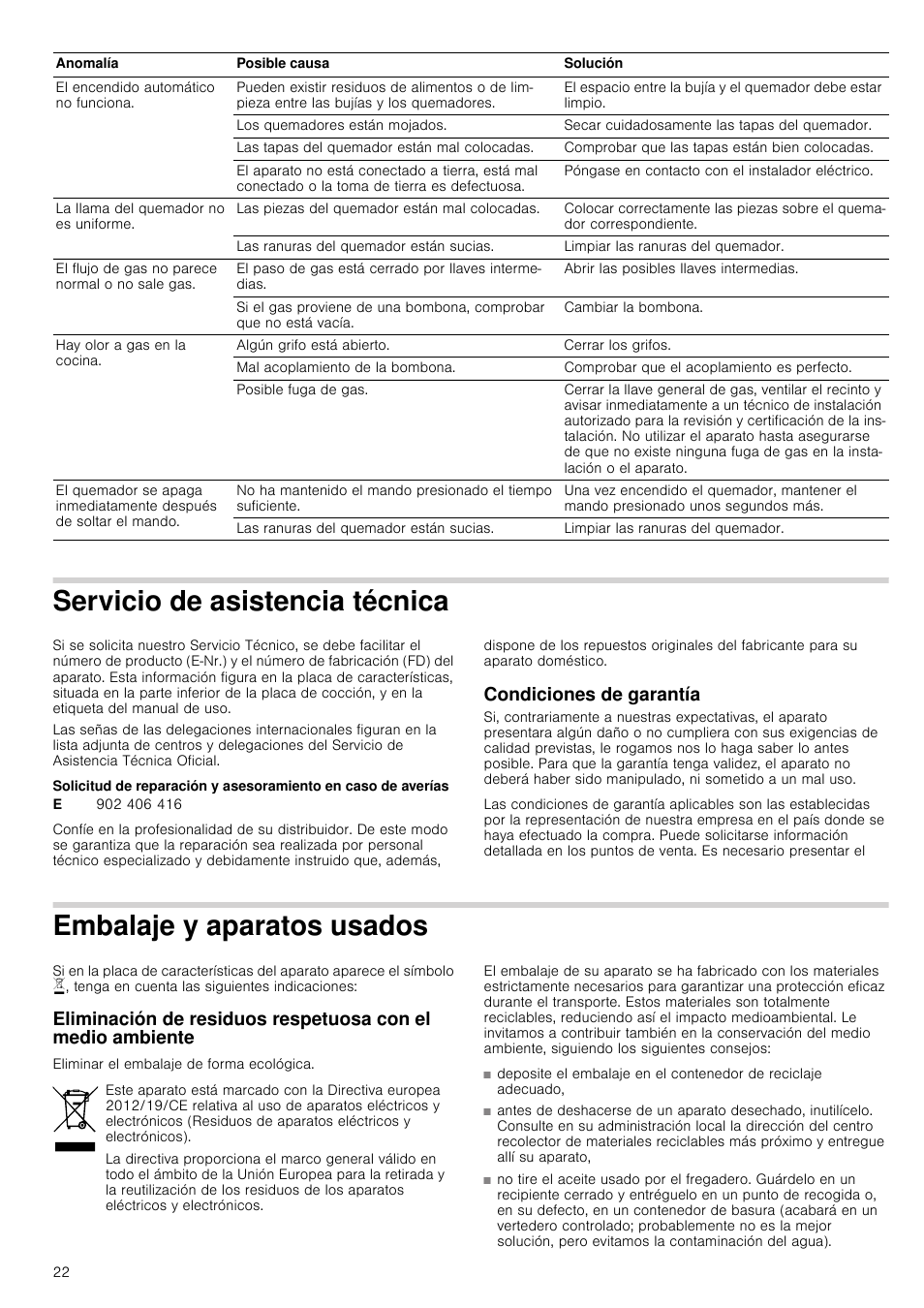 Servicio de asistencia técnica, Condiciones de garantía, Embalaje y aparatos usados | Écnica condiciones de garantía, Os usados | Neff N24K30N0 User Manual | Page 22 / 44