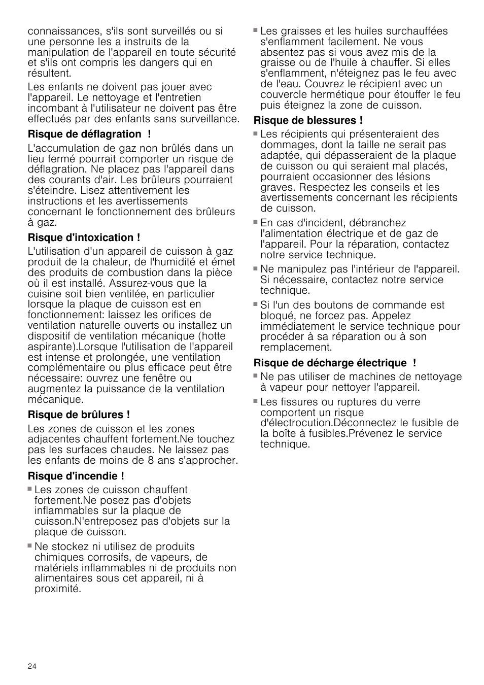 Risque de déflagration, Risque d'intoxication, Risque de brûlures | Risque d'incendie, Risque de blessures, Risque de décharge électrique | Neff N24K30N0 User Manual | Page 24 / 44