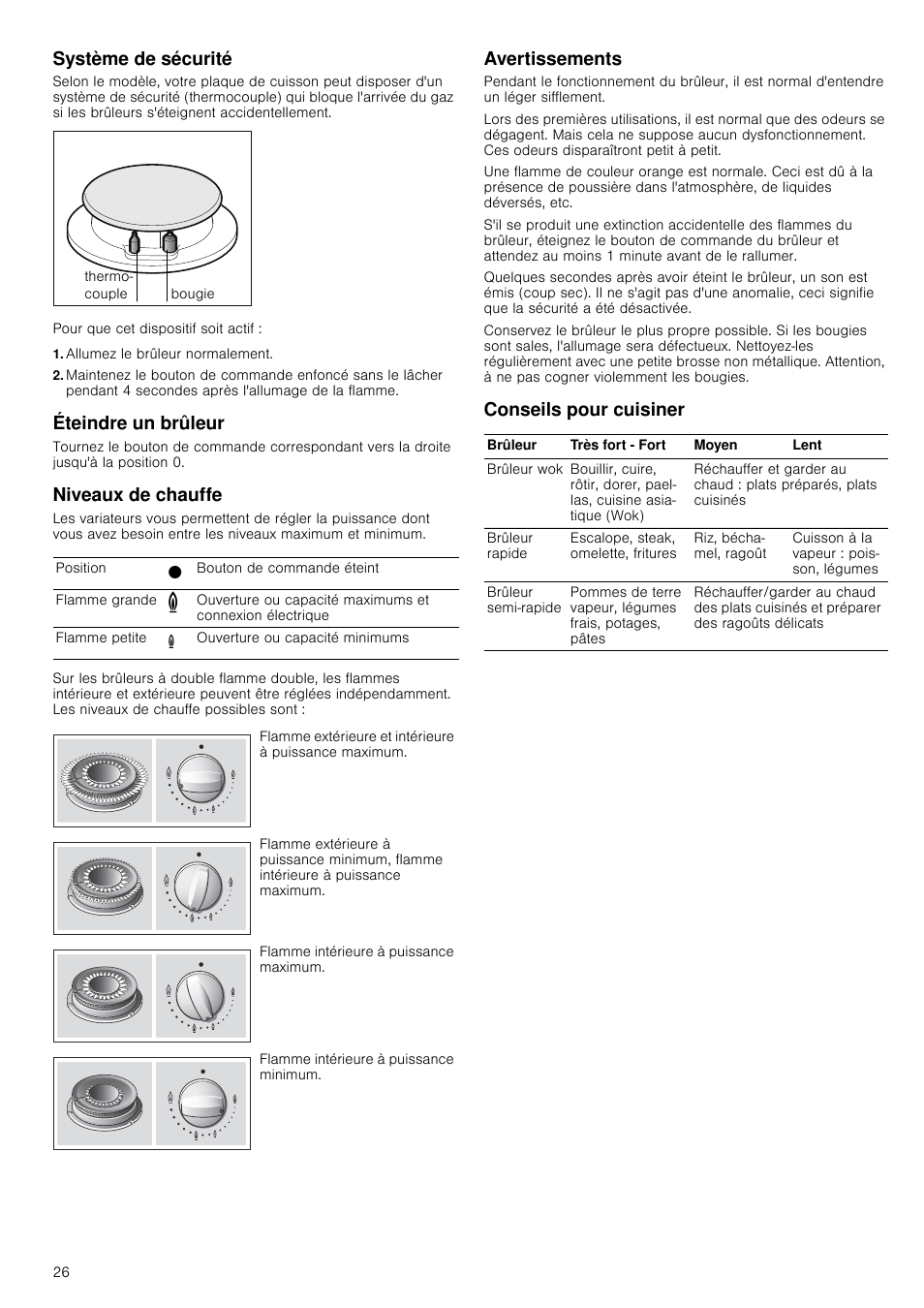 Système de sécurité, Allumez le brûleur normalement, Éteindre un brûleur | Niveaux de chauffe, Avertissements, Conseils pour cuisiner | Neff N24K30N0 User Manual | Page 26 / 44