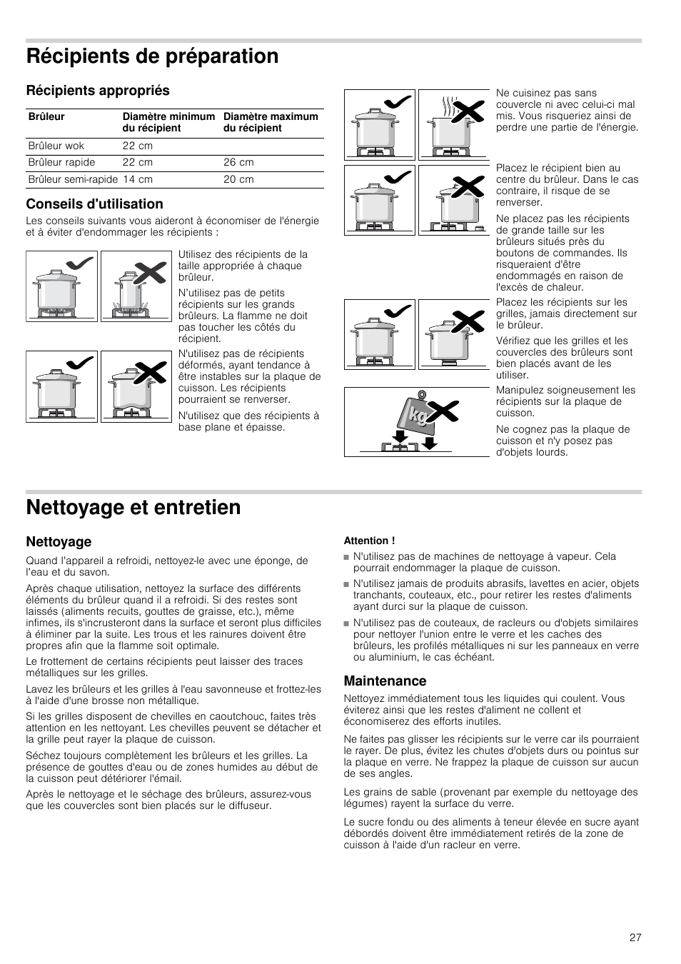 Récipients de préparation, Récipients appropriés, Conseils d'utilisation | Nettoyage et entretien, Nettoyage, Attention, Maintenance, Ation récipients appropriés conseils d'utilisation, Récipients appropriés conseils d'utilisation | Neff N24K30N0 User Manual | Page 27 / 44