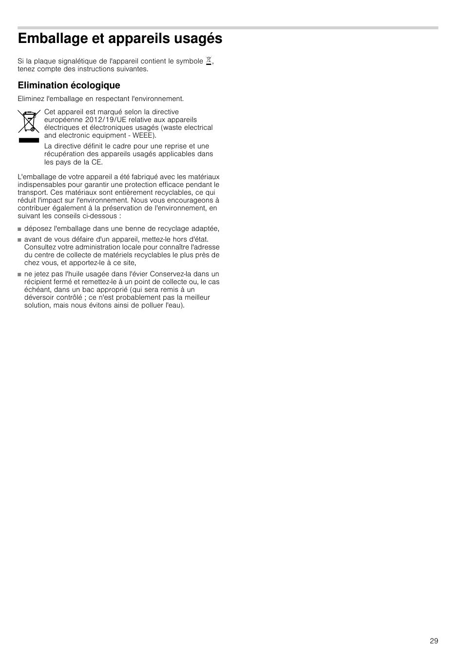 Emballage et appareils usagés, Elimination écologique | Neff N24K30N0 User Manual | Page 29 / 44